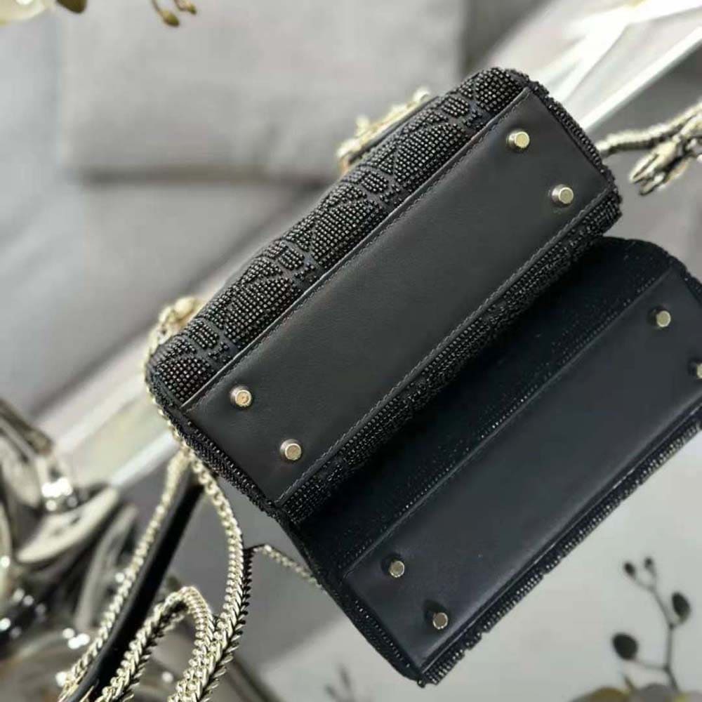 TÚI Dior Women Mini Lady D-joy Bag Black Cannage Cotton with Micropearl Embroidery