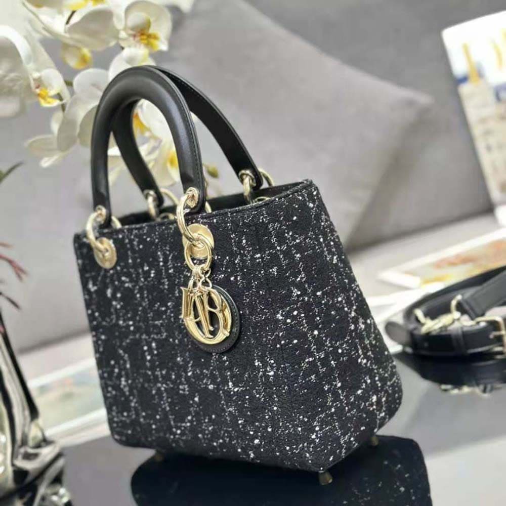 Túi xách nữ Dior Medium Lady D-lite màu đen Cannage Tweed