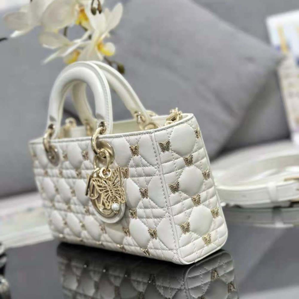 TÚI Dior Women Medium Lady D-joy Bag White Cannage Lambskin with Gold-Finish Butterfly Studs