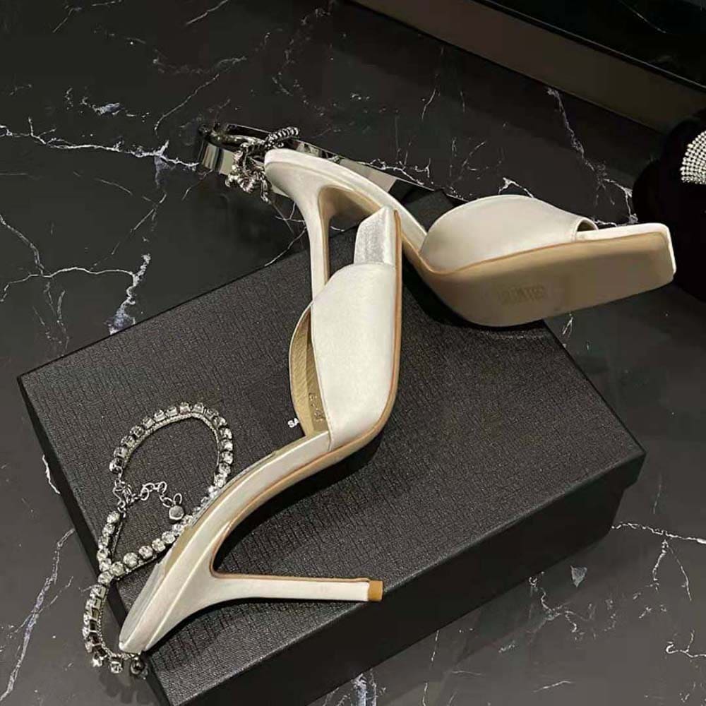 GIÀY Jimmy Choo Women Saeda Sandal 100 Ivory Satin Sandals with Crystal Embellishment