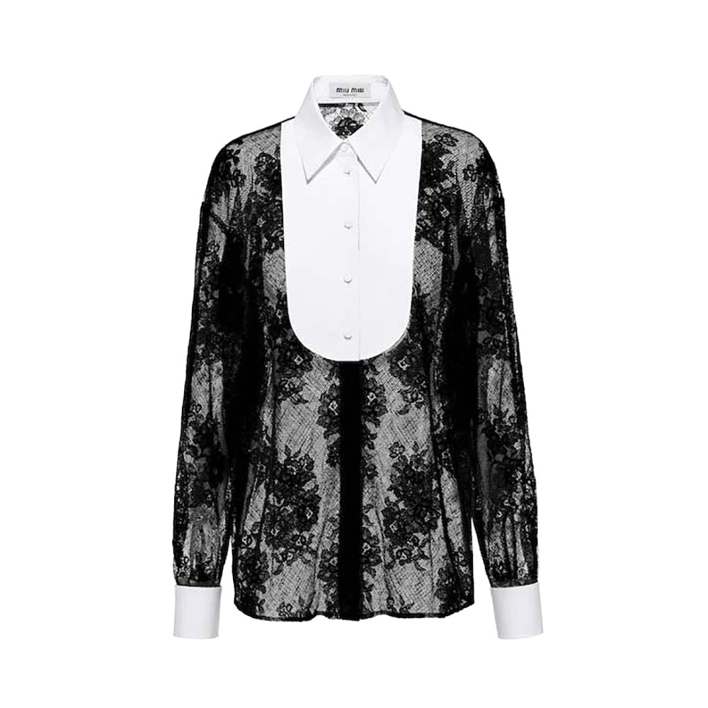 ÁO Miu Miu Women Lace Shirt with Knit Logo Label-Black
