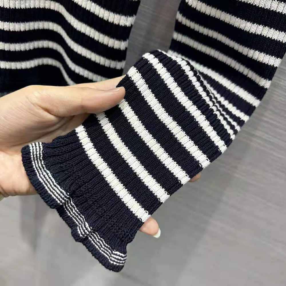 ÁO Dior Women Sweater Navy Blue and White Cotton Ribbed Knit with Signature