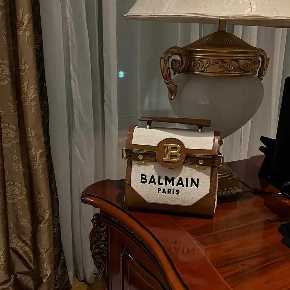 TÚI BALMAIN Women Bi-material Canvas and Ecru Calfskin B-Buzz Bag