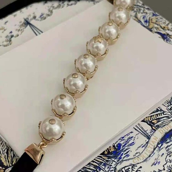 Vòng cổ Dior D-Renaissance Choker Gold-Finish Metal with Black Grosgrain and White Resin Pearls