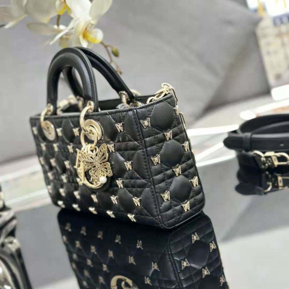 TÚI Dior Women Medium Lady D-joy Bag Black Cannage Lambskin with Gold-Finish Butterfly Studs