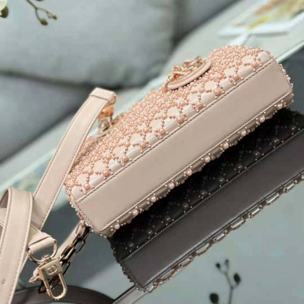 TÚI Dior Women Small Lady D-joy Bag Rose Des Vents Cannage Calfskin Embroidered with Resin Pearls