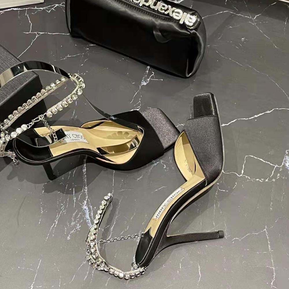 GIÀY Jimmy Choo Women Saeda Sandal 100 Black Suede Sandals with Crystal Embellishment