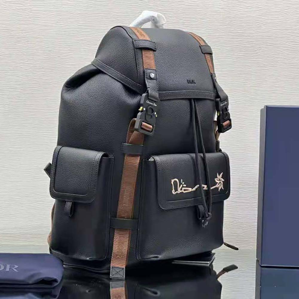 BALO Dior Hit the Road Cactus Jack Dior Backpack Black Grained Calfskin with Embroidered Signature
