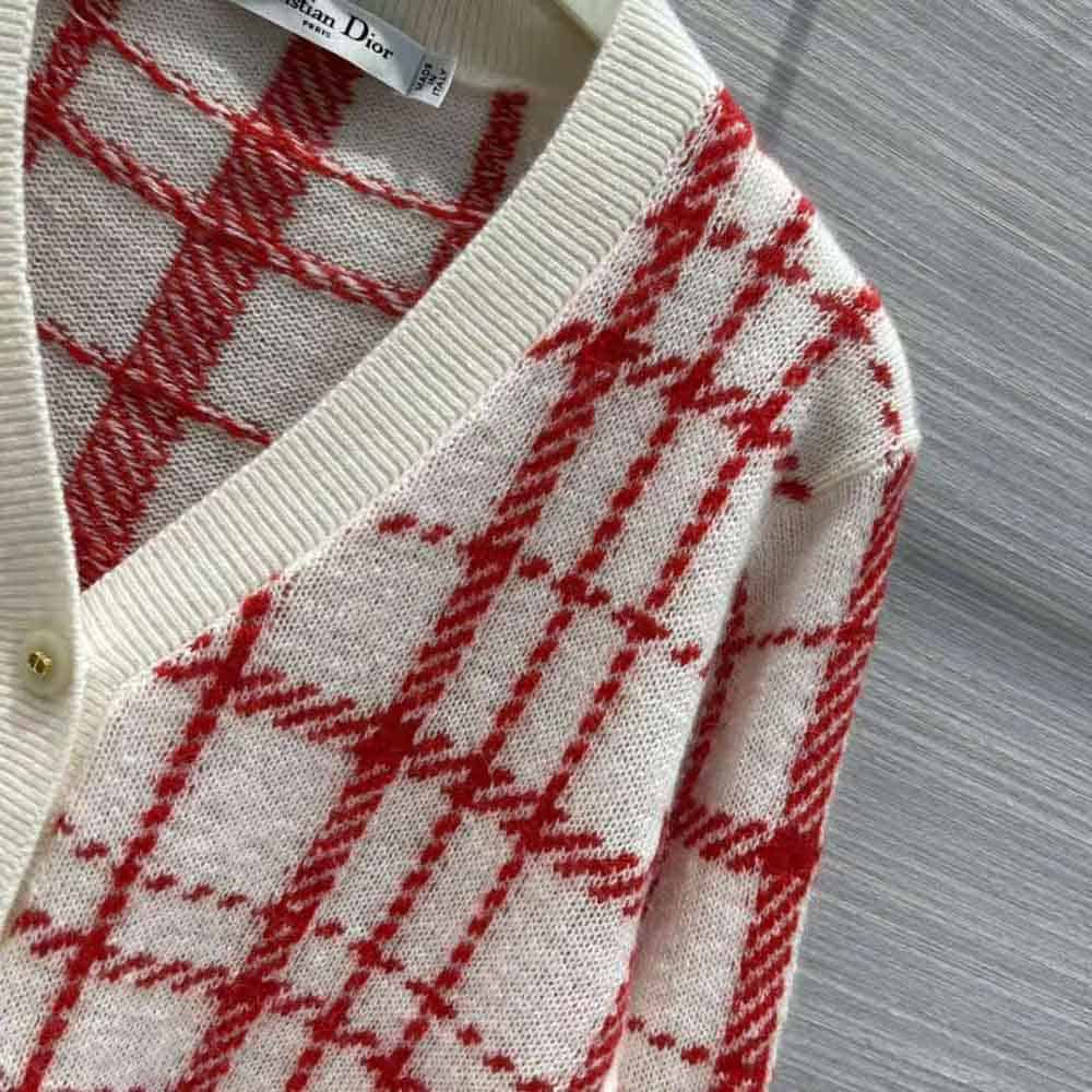 ÁO DIOR Women Buttoned Cardigan Raspberry and Ecru Check’n’Dior Pop Technical Wool