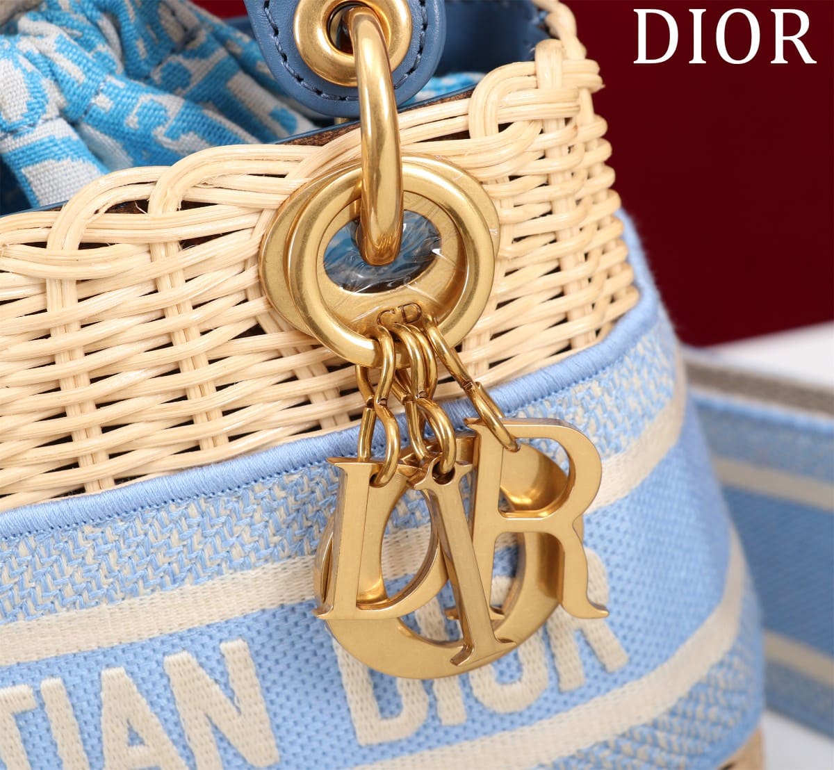 TÚI Dior Women Mini Lady Dior Bag Natural Wicker and Light Blue Dior Oblique Jacquard dệt tay bằng liễu gai