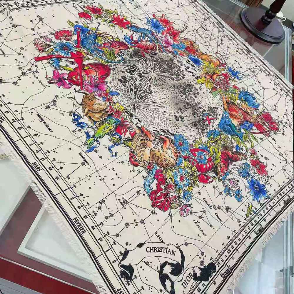 KHĂN Dior Women Zodiac Square Scarf Navy White Silk Twill