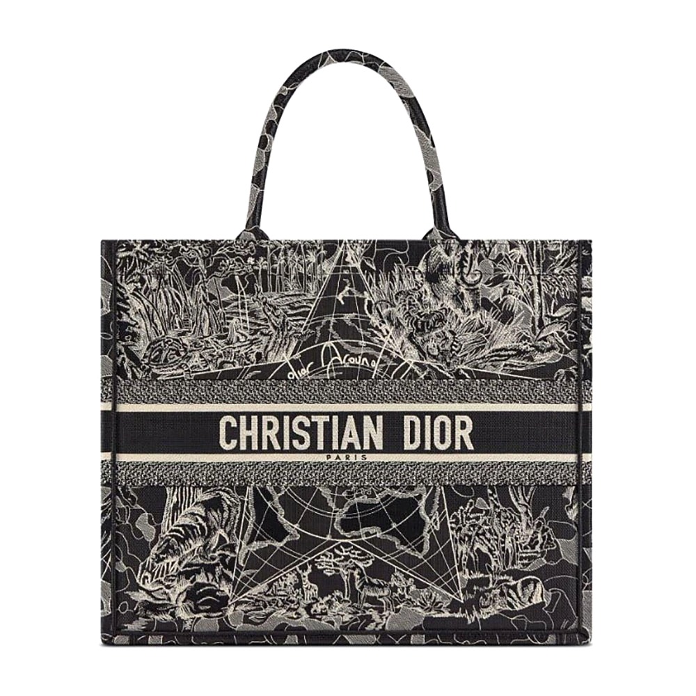 TÚI Dior Book Tote Black and White Dior Around the World Embroidery