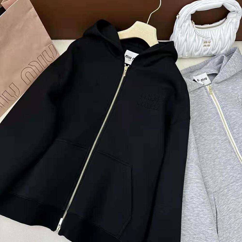 ÁO Miu Miu Women Cotton Hoodie with Embroidered Logo-Black