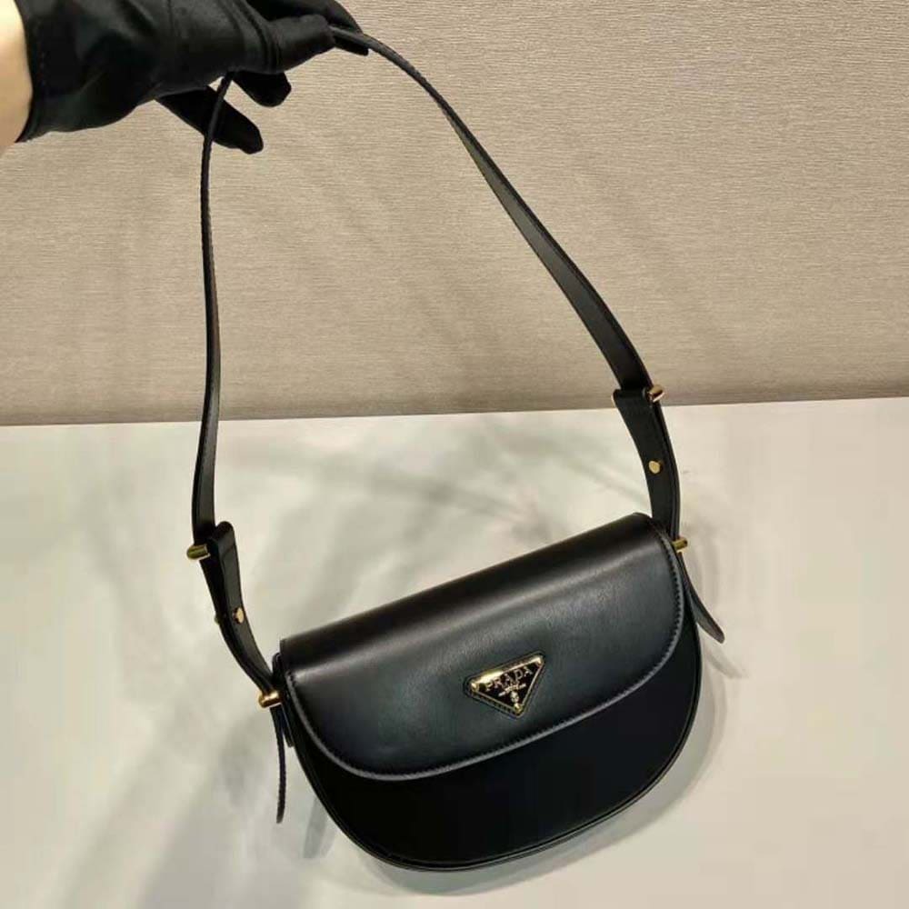 TÚI PRADA  Women Arqué Leather Shoulder Bag with Flap-Black