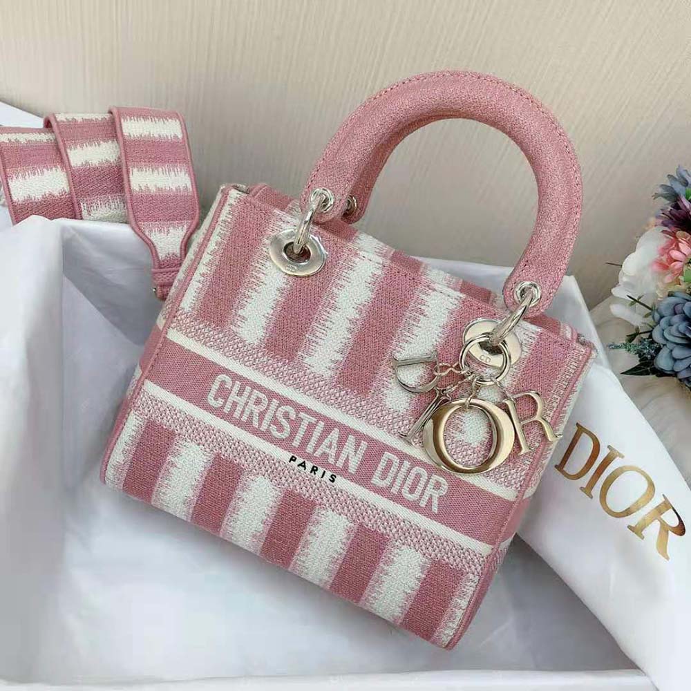 TÚI Dior Women Medium Lady D-lite Bag Pink D-Stripes Embroidery