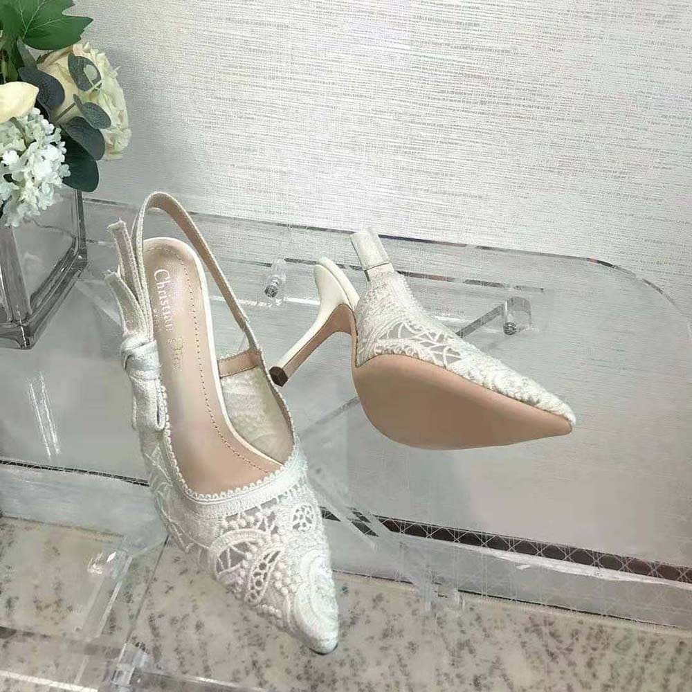 GIÀY Dior Women J’Adior Slingback Pump White Macramé Embroidered Cotton