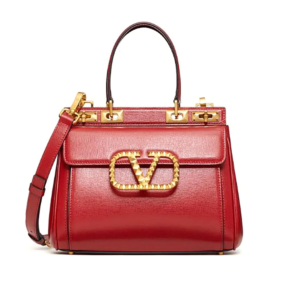 TÚI Valentino Rockstud Alcove Handbag in Grainy Calfskin-Red