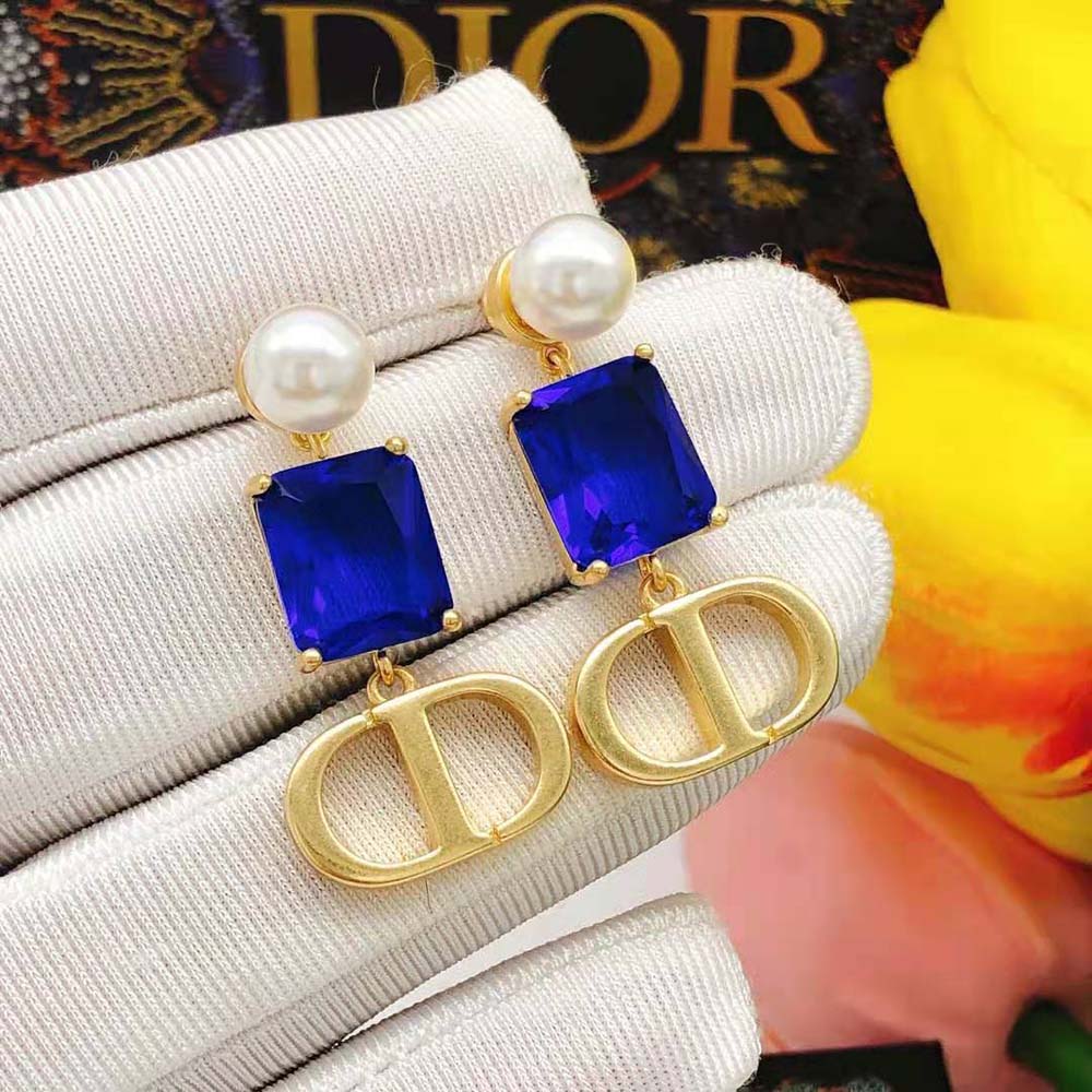 BÔNG TAI Dior Women Petit CD Earrings Gold-Finish Metal with White Resin Pearls and Fluorescent Blue Crystals
