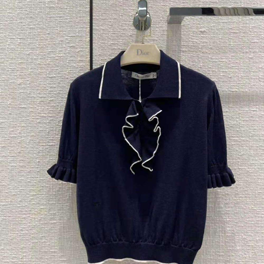 ÁO DIOR Short-Sleeved Sweater Navy Blue Cashmere and Silk Knit