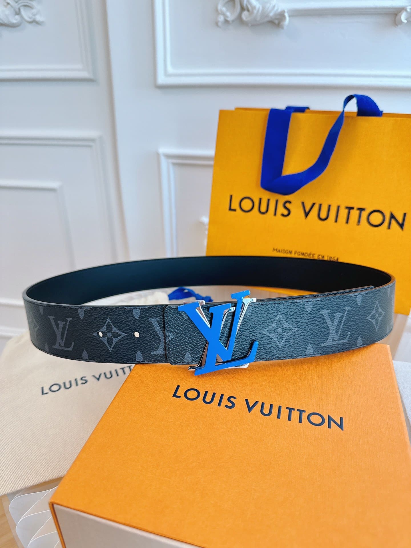 DÂY LƯNG LOUIS VUITTON DOUBLE LV BLACK MONOGRAM LEATHER Khóa bạc xanh