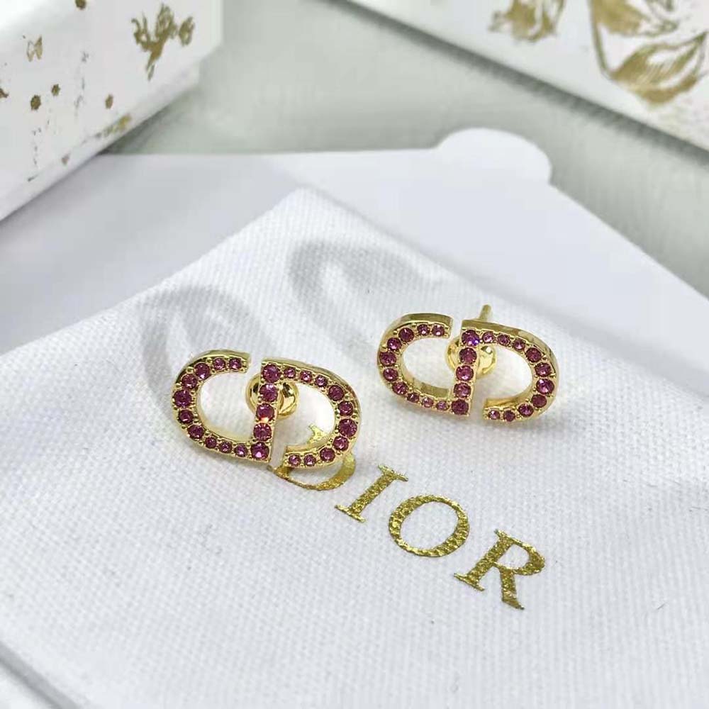 BÔNG TAI DIOR Petit CD Stud Earrings Gold-Finish Metal and Light Pink Crystals