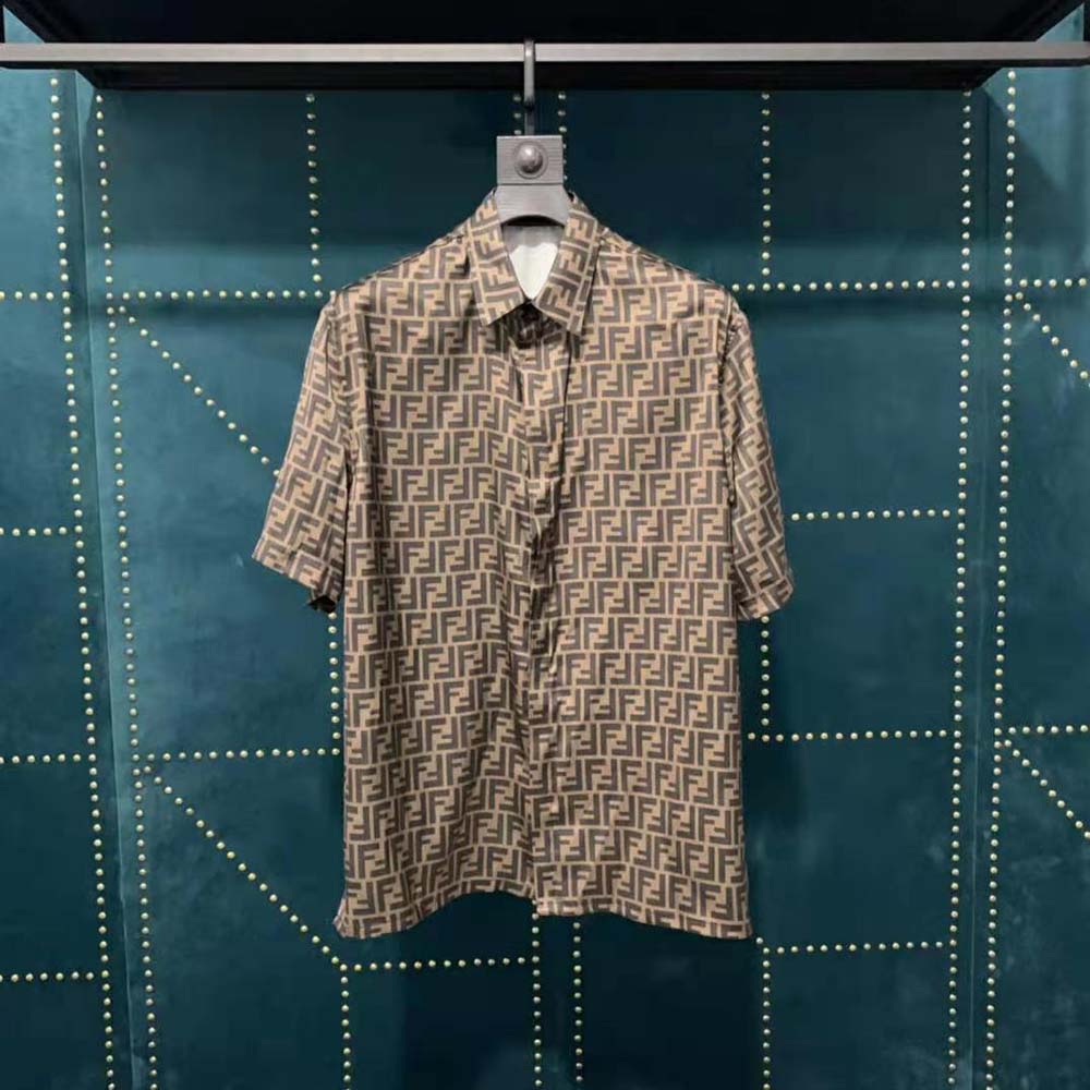 ÁO Fendi Brown Silk Shirt with Italian-Style Collar and Short Sleeves