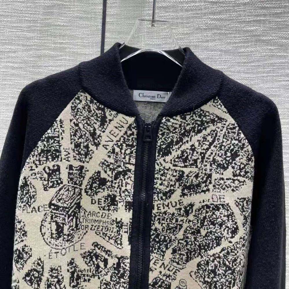 ÁO Dior Bomber Jacket Beige and Black Technical Virgin Wool Knit with Plan de Paris Motif