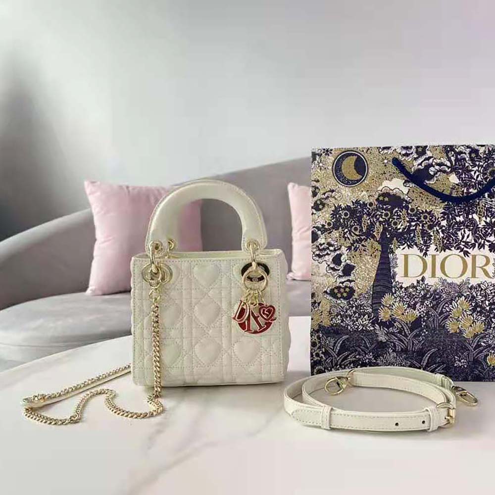 TÚI Dior Women Mini Lady Dior Dioramour Bag Latte Cannage Lambskin with Heart Motif-White