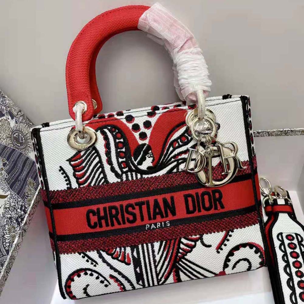 TÚI Dior Women Medium Lady D-lite Bag Latte Multicolor Cupidon Embroidery