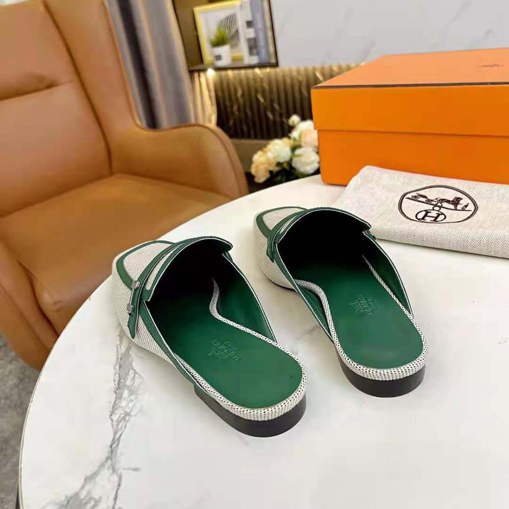 GIÀY Hermes Women in H Canvas and Calfskin-Green