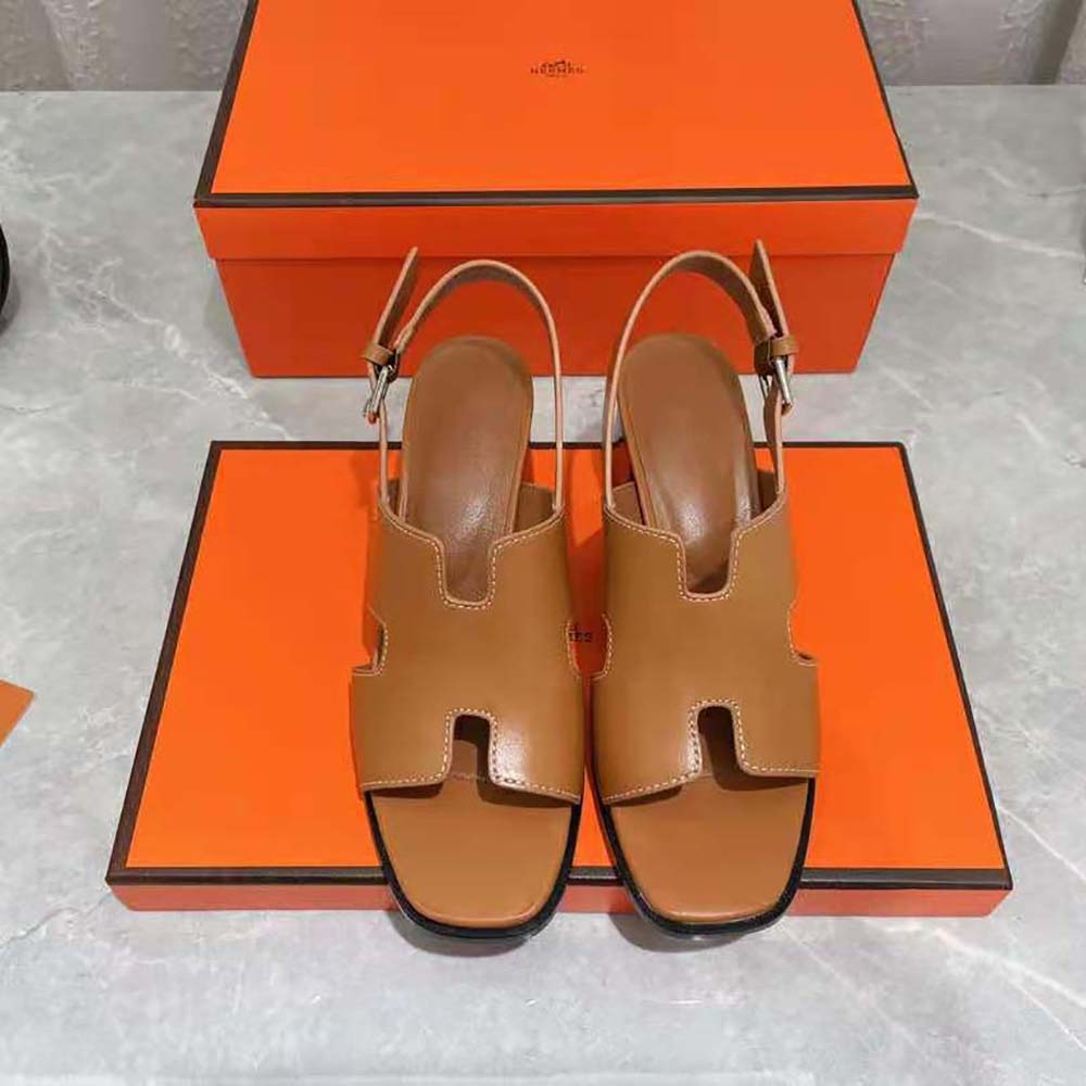 GIÀY Hermes Women Elbe 60 Sandal in Calfskin with H Cut-Out Detail-Brown SS2022