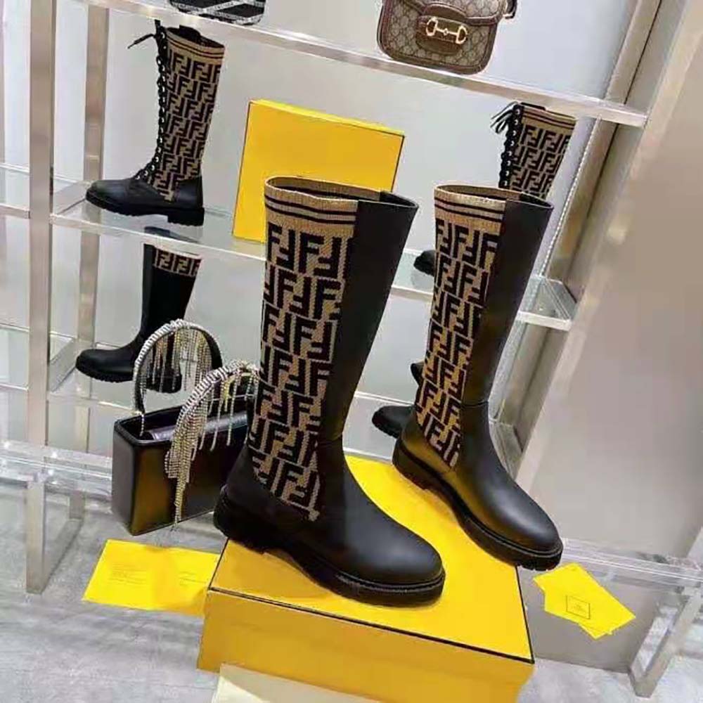Giày Fendi Women Rockoko Black Leather Ankle Boots with Stretch Fabric