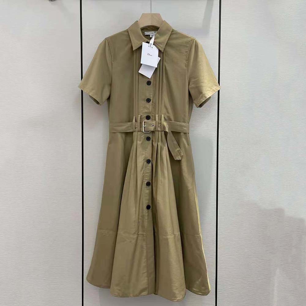Váy Dior Mid-Length Belted Pleated Dress Beige Technical Cotton Gabardine