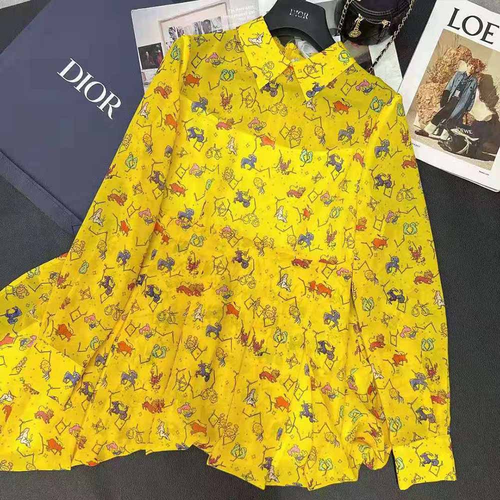 VÁY CHRISTIAN DIOR Mid-Length Shirt Dress Yellow Silk Chiffon with Multicolor Dior Pixel Zodiac Motif