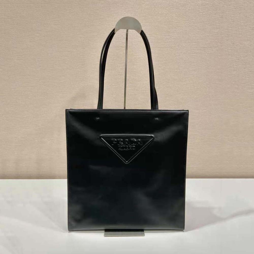 TÚI Prada Women Leather Tote Bag with Embossed Triangle Logo-Black