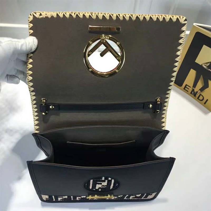 TÚI Fendi Women KAN I F Exotic Black Leather and Raffia Bag