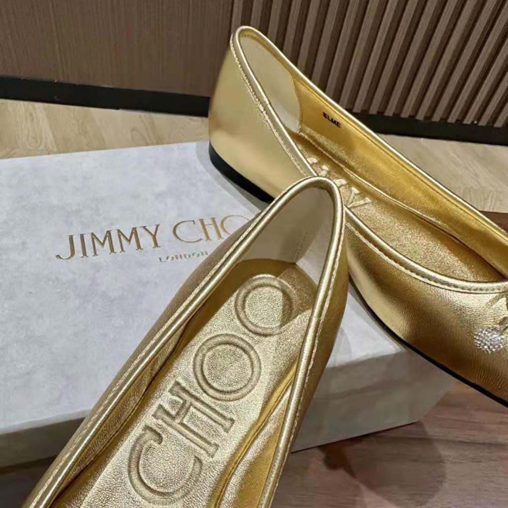 GIÀY Jimmy Choo Women Elme Flat Gold Metallic Nappa Leather Flats with Pearl Embellishment