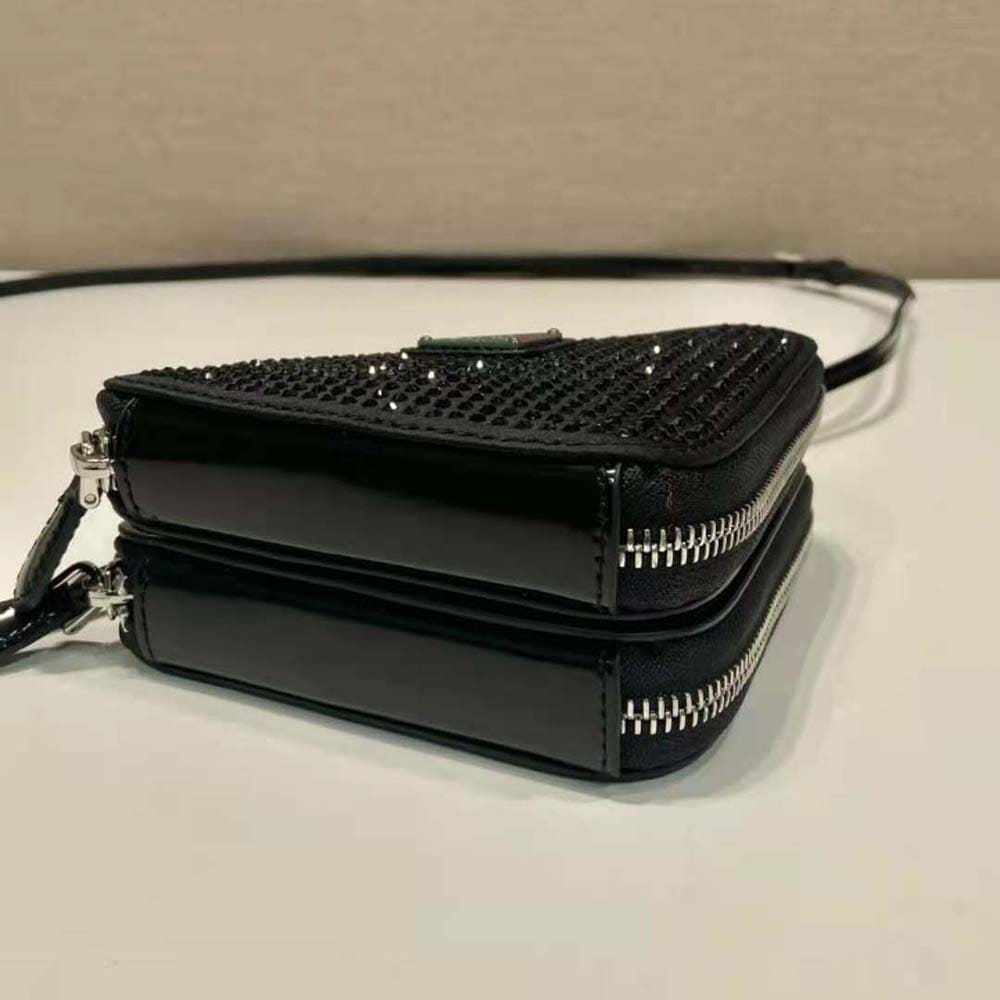 TÚI Prada Women Triangular Embellished Satin and Leather Mini-pouch-Black