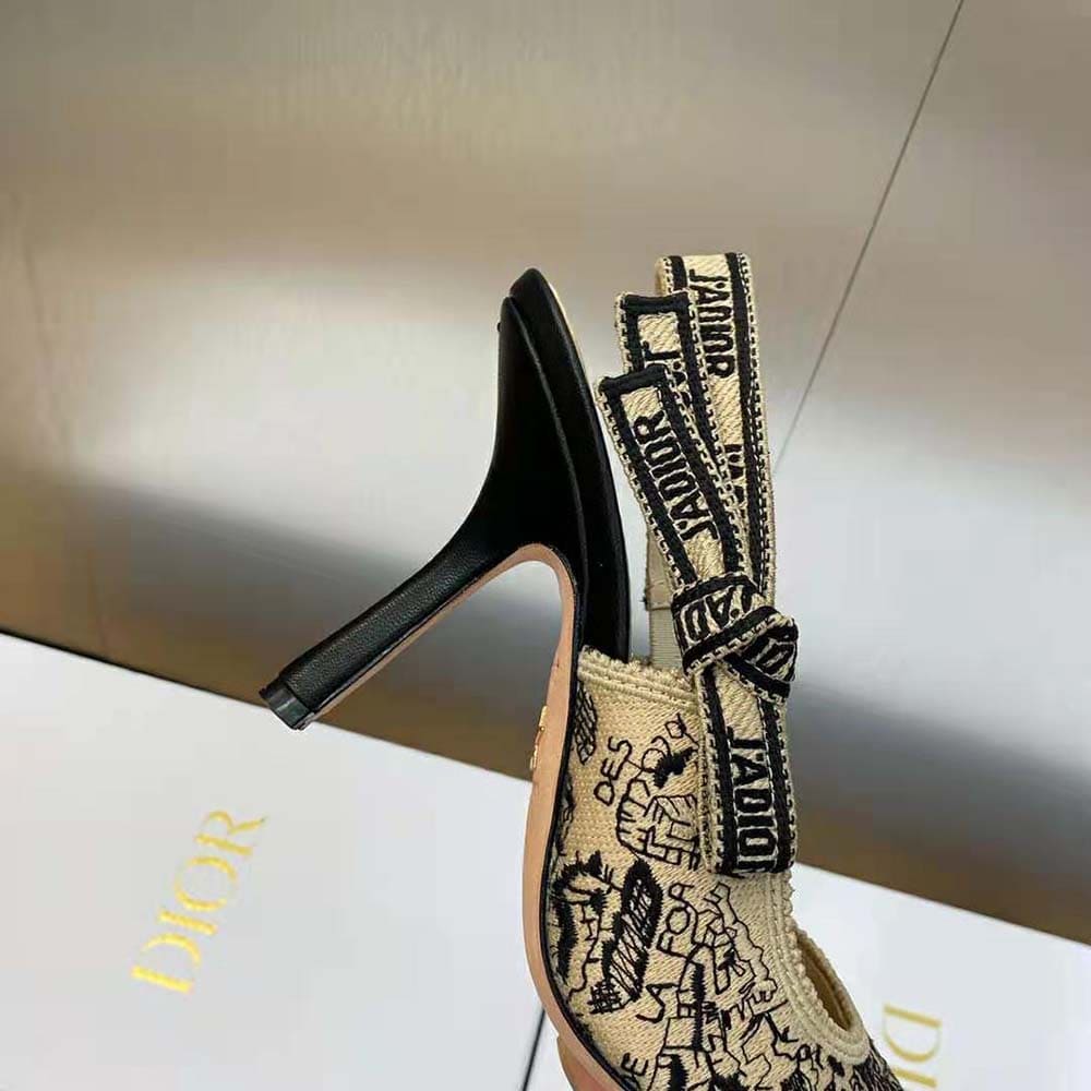 GIÀY Dior Women J’Adior Slingback Pump Black and Beige Cotton Embroidered with Plan de Paris Motif