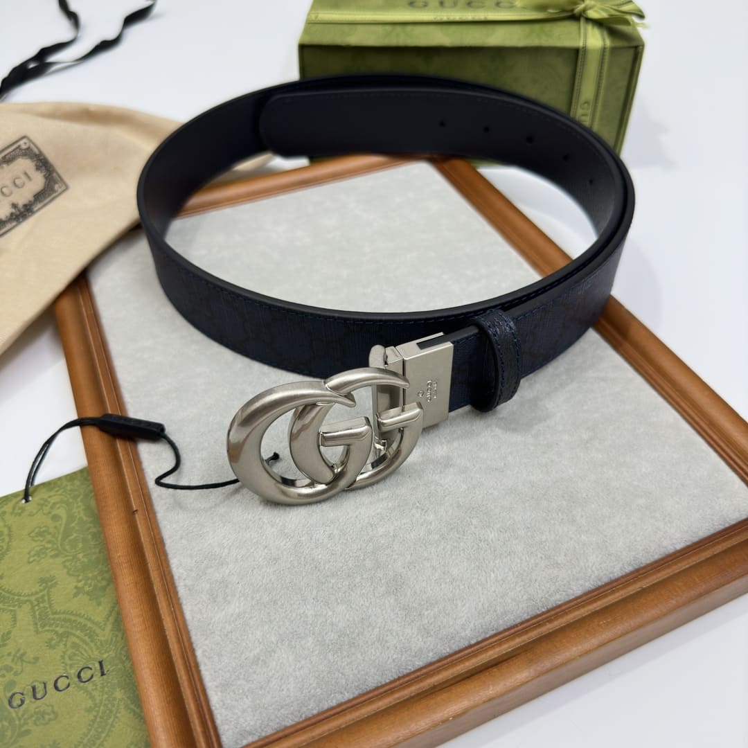 DÂY LƯNG GUCCI GG BLUE CANVAS LEATHER Khóa bạc