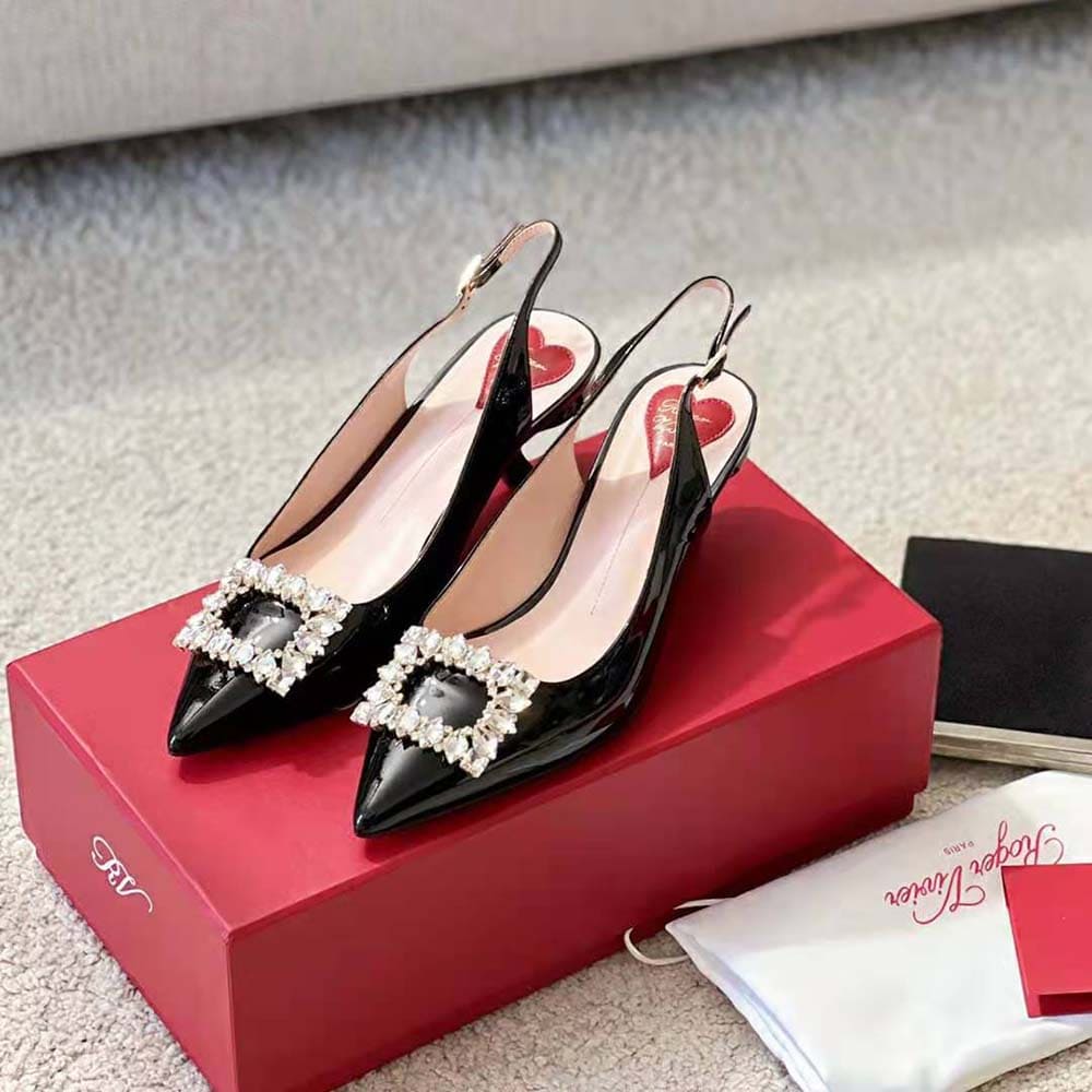 GIÀY Roger Vivier Women Virgule Strass Buckle Slingback Pumps in Patent Leather-Black