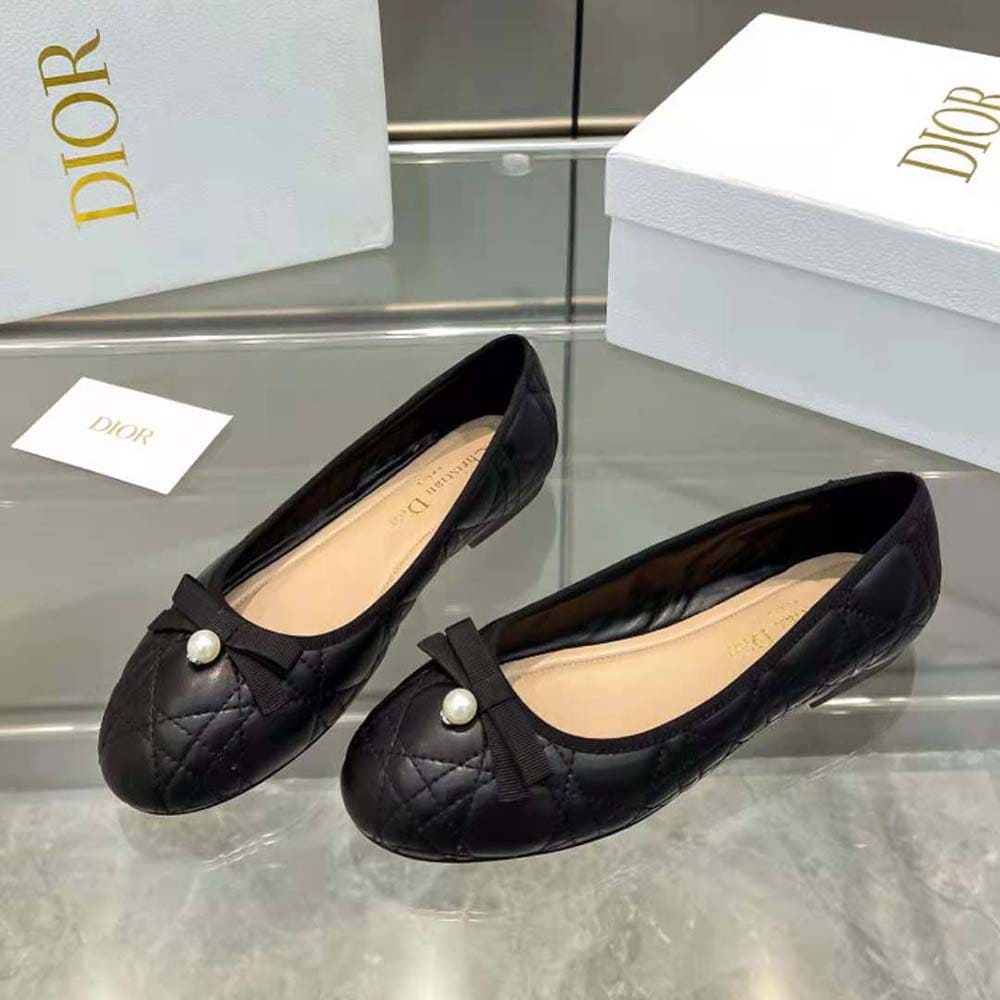 GIÀY Dior Women Ballet Flat Quilted Cannage Calfskin-Black