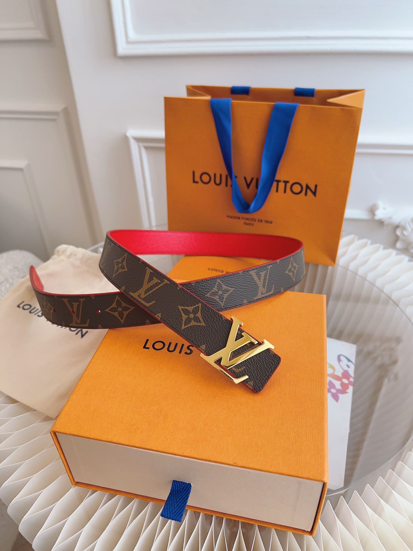 DÂY LƯNG LOUIS VUITTON RED BROWN MONOGRAM LEATHER Khóa vàng
