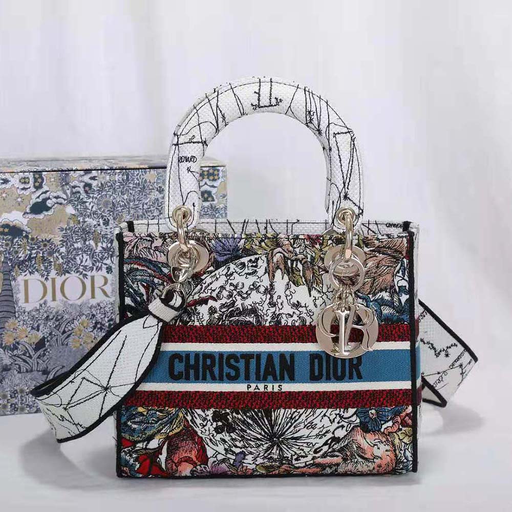 TÚI Dior Women Medium Lady D-lite Bag Latte Multicolor Dior Constellation Embroidery-White