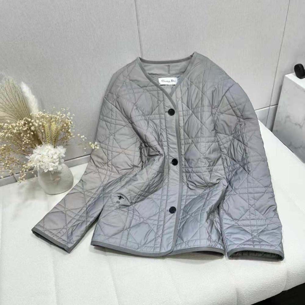 ÁO Dior Women Macrocannage Peacoat Gray Quilted Reflective Technical Taffeta