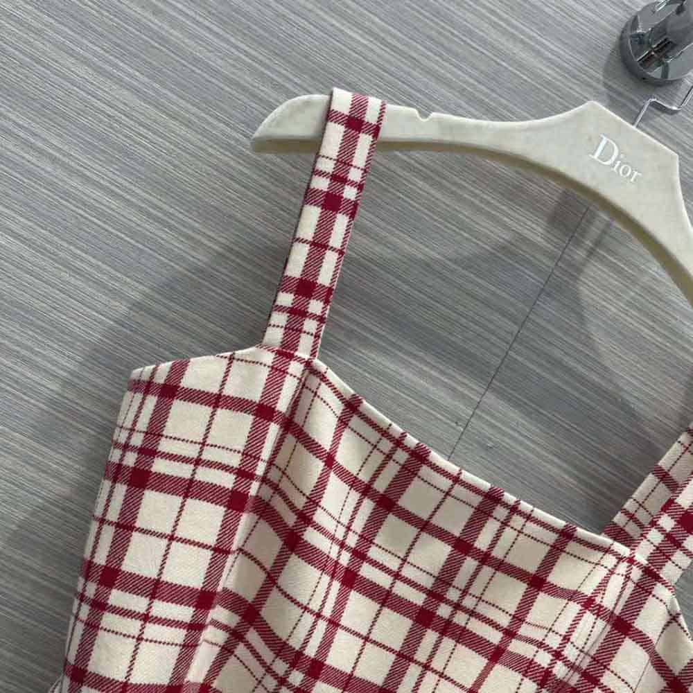 Váy Dior Women Short Dress Raspberry and White Check n Dior Pop Wool Twill