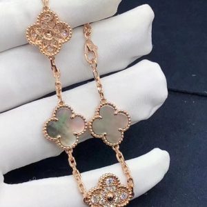 Vòng tay Van Cleef & Arpels Vintage Alhambra Grey M.O.P Kim cương 5 Motifs vàng hồng 18K