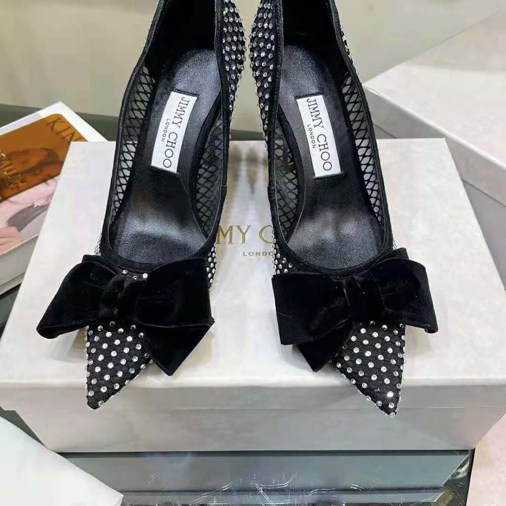 GIÀY Jimmy Choo Women Love 100 Black Crystal Mesh Pumps with Bow