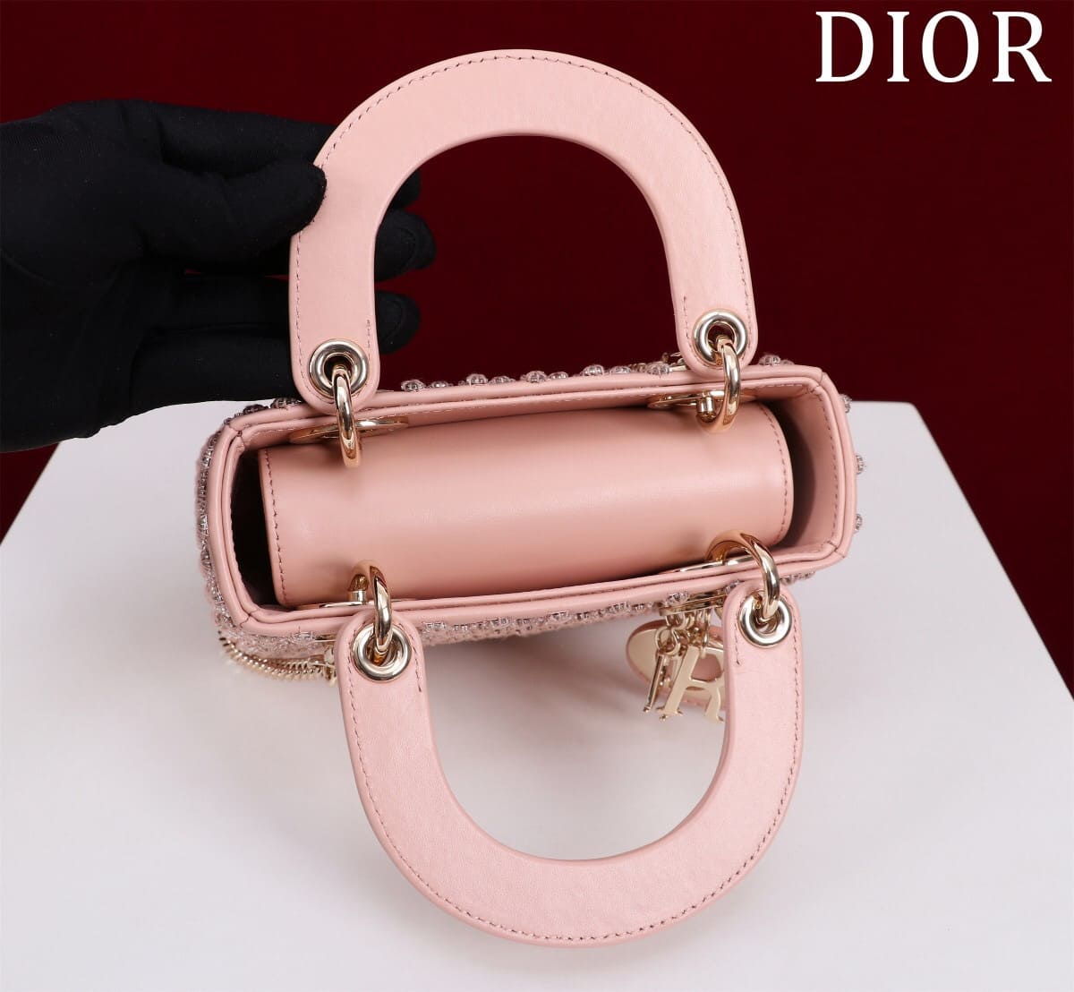 TÚI CHRISTIAN DIOR LADY DIOR Cannage Calfskin with Platinum Beaded Embroidery Pink
