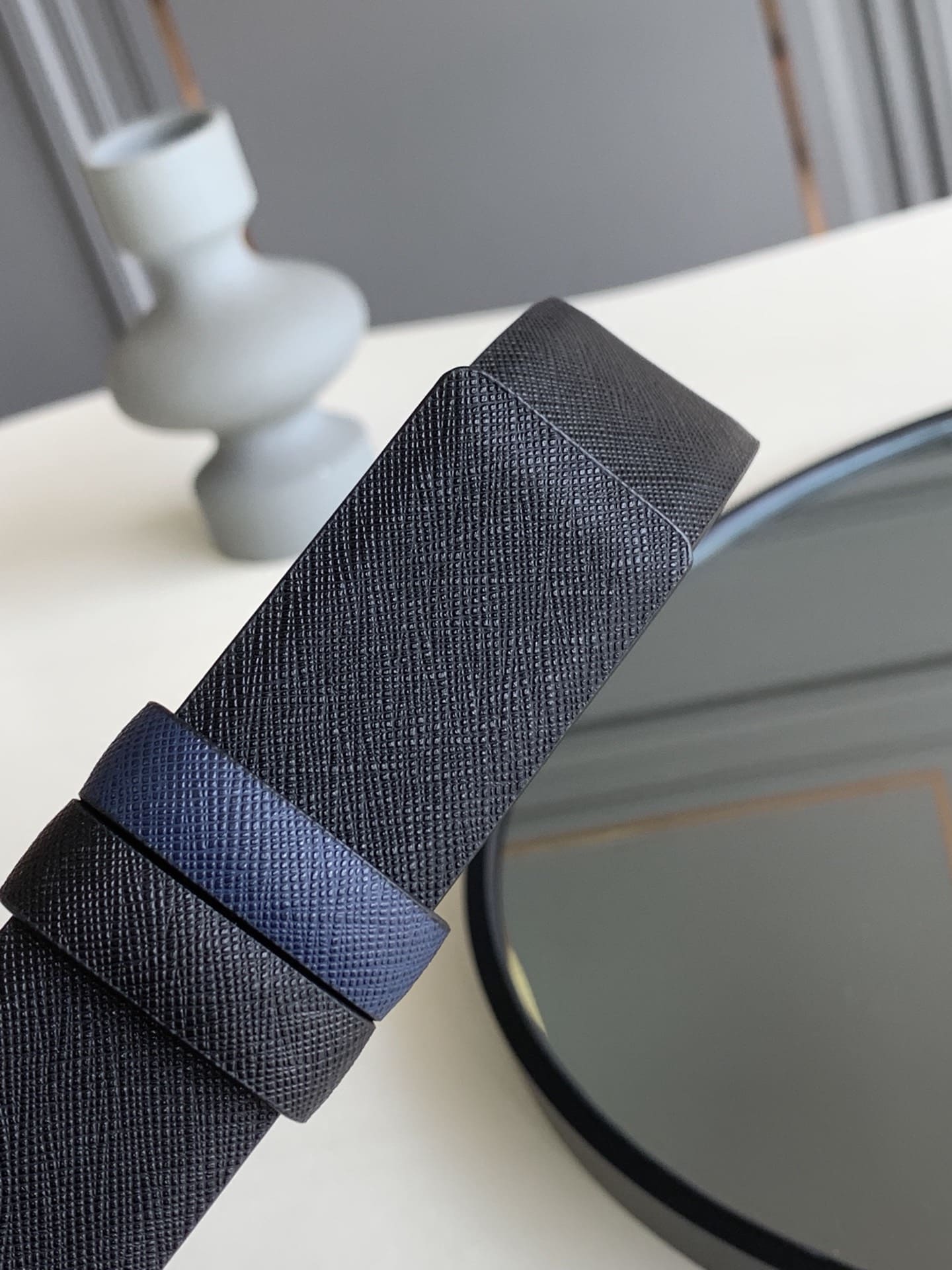DÂY LƯNG PRADA BLUE SAFFIANO LEATHER Khóa bạc